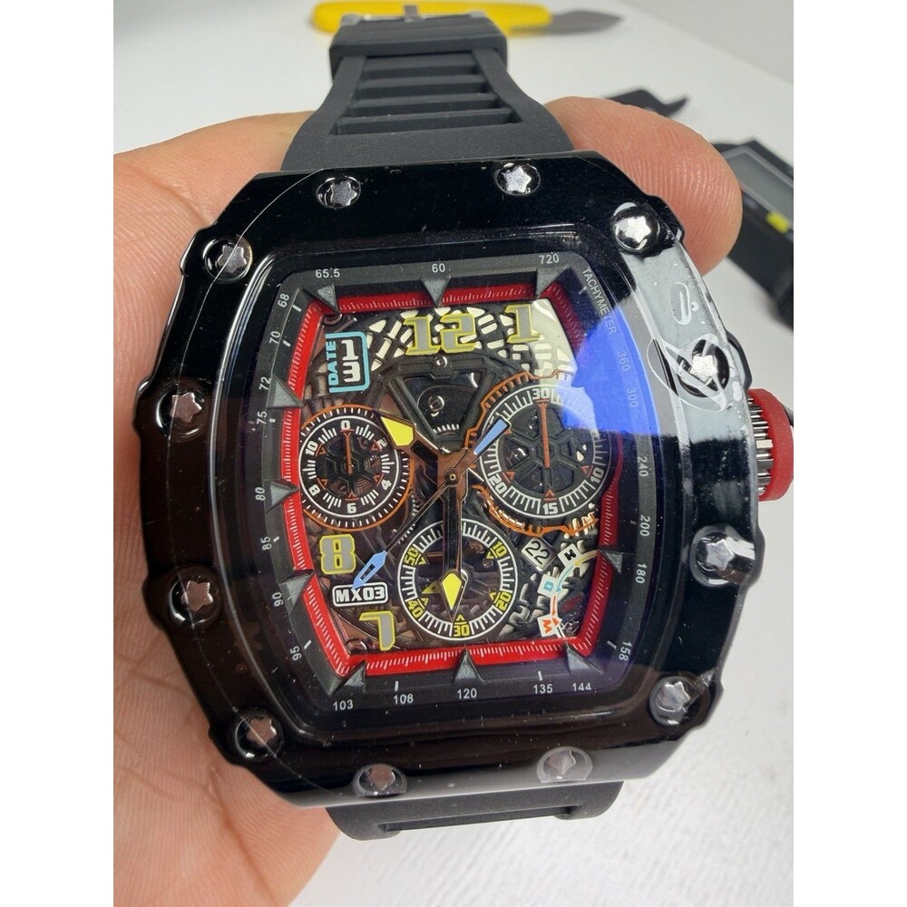 Unbranded Men’s Quartz Watch 44mm Tonneau Racing Style Black Rubber Strap New
